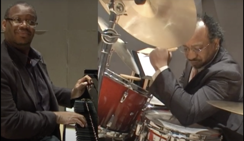 Split screen of jazz keyboardist and jazz drummer demonstrating call and response.